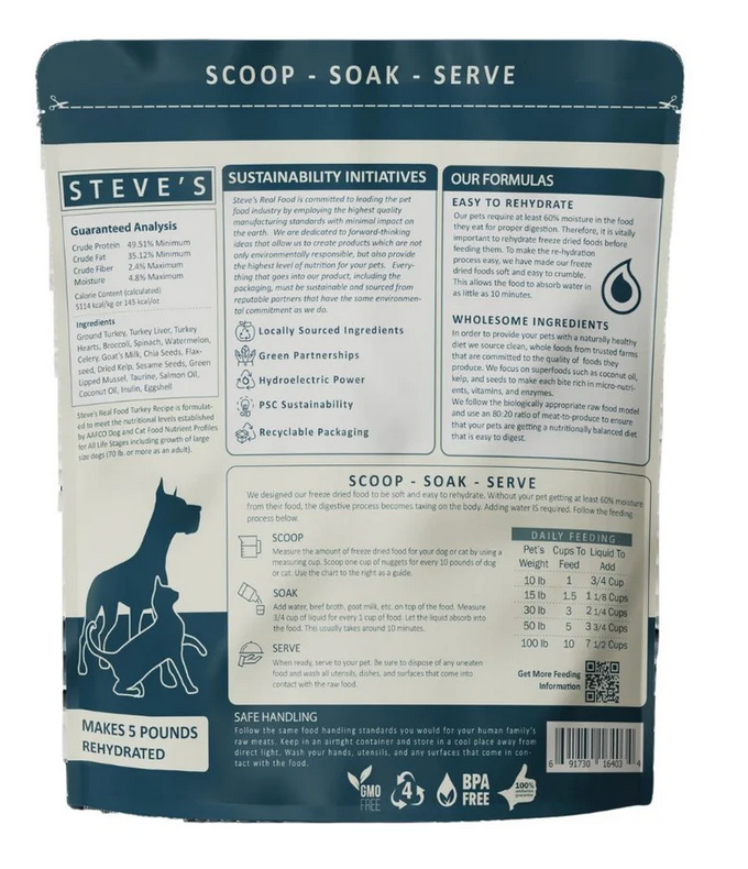 Steve's Real Food TURKEY Freeze Dried Nuggets Dog & Cat Food - 1.25LB