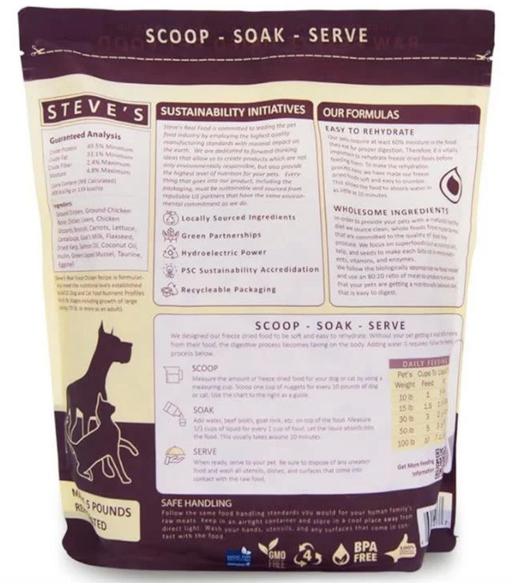 Steve's Real Food CHICKEN Freeze Dried Nuggets Dog & Cat Food - 1.25LB